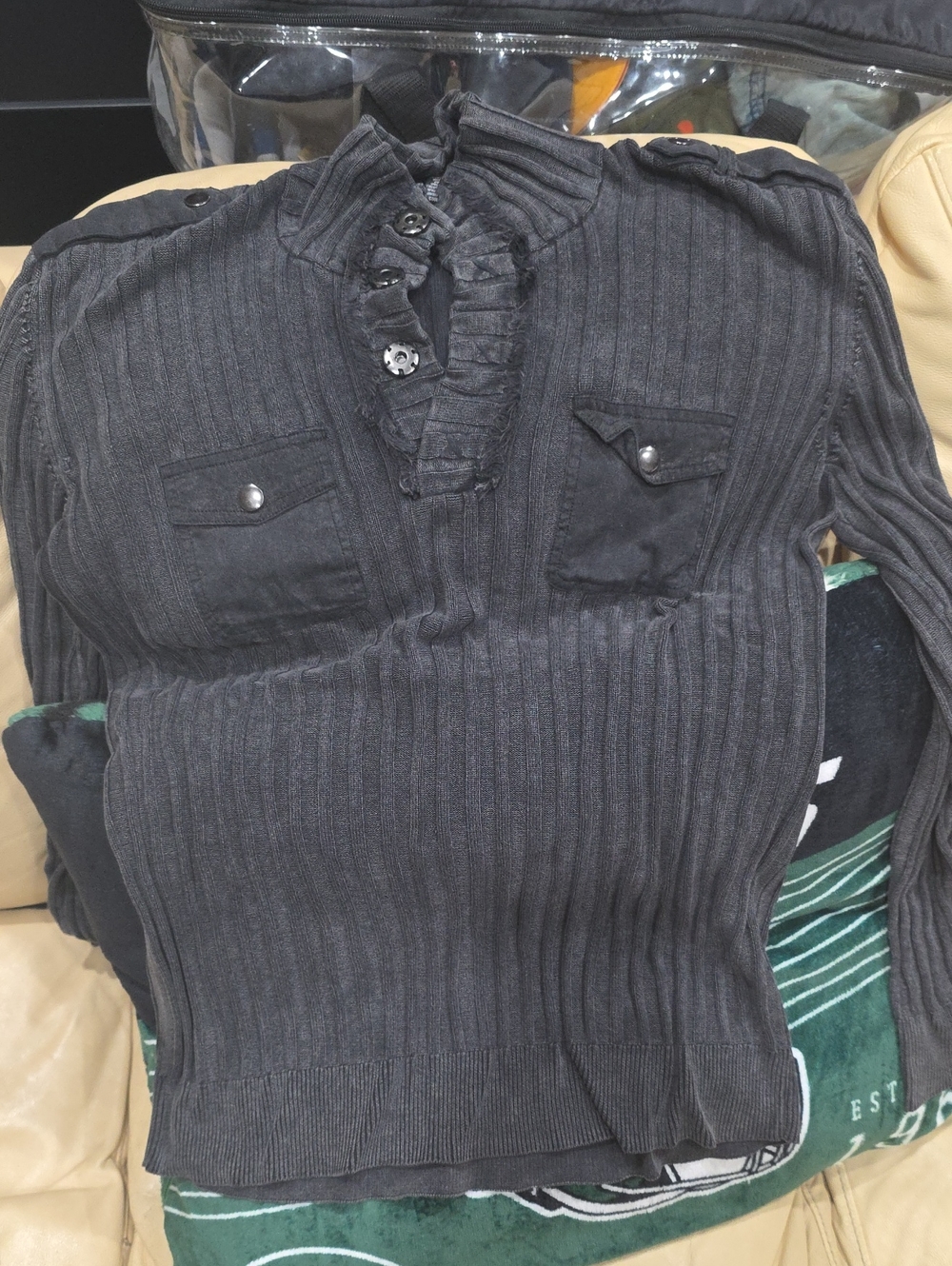 INC International Concepts Men's Ribbed Henley Sweater in Charcoal